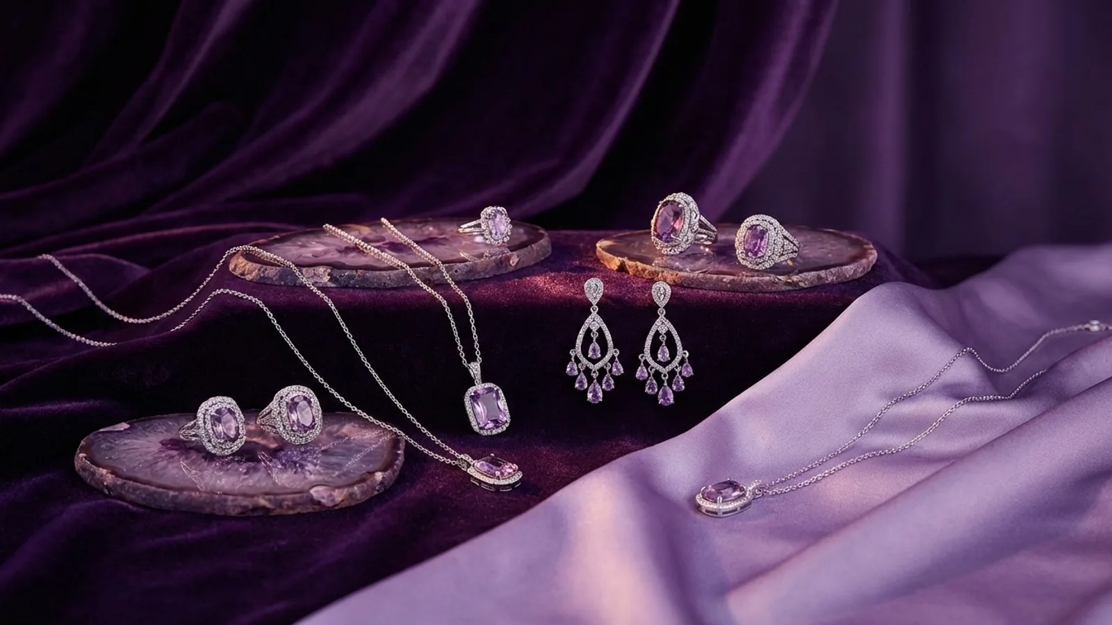 Elegant jewelry collection displayed on natural materials