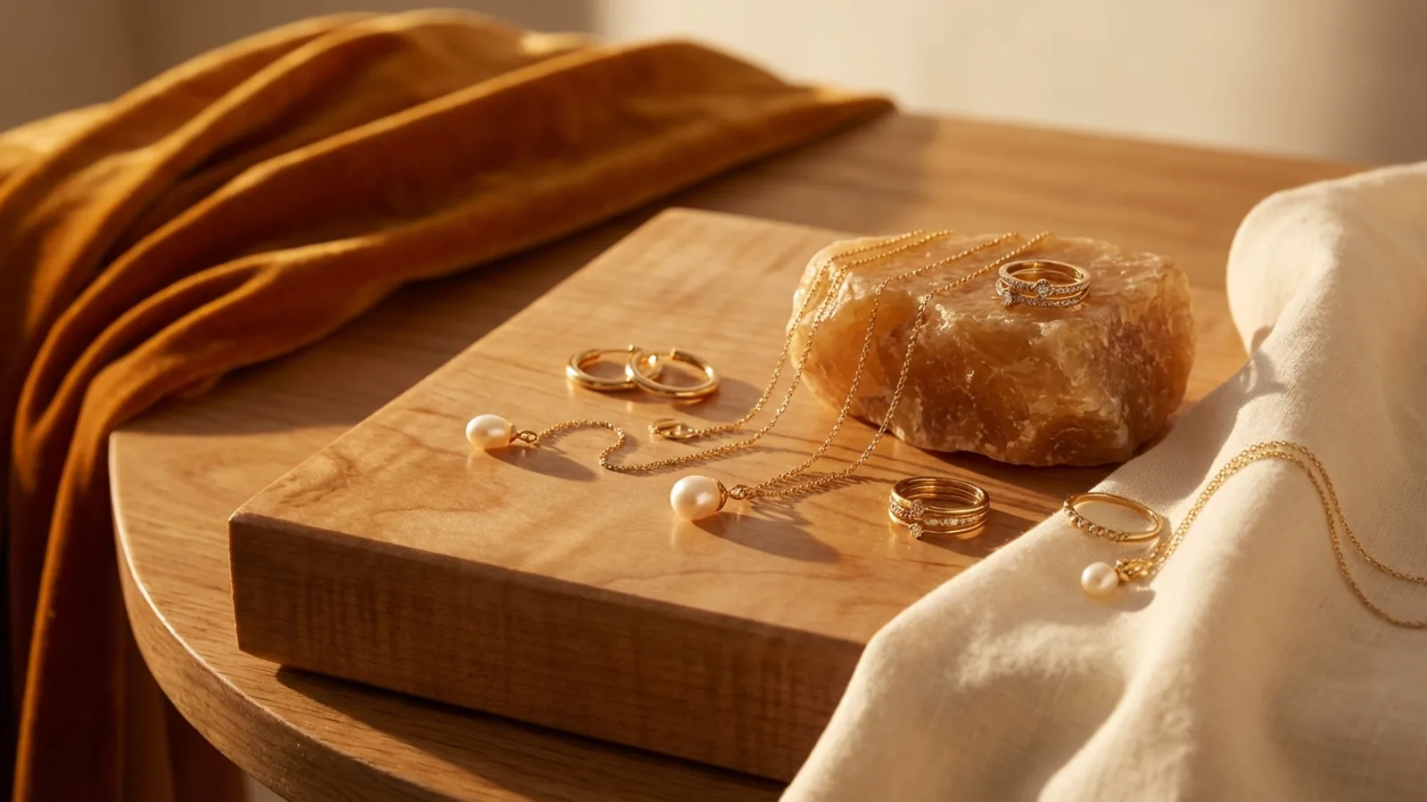 Elegant jewelry collection displayed on natural materials